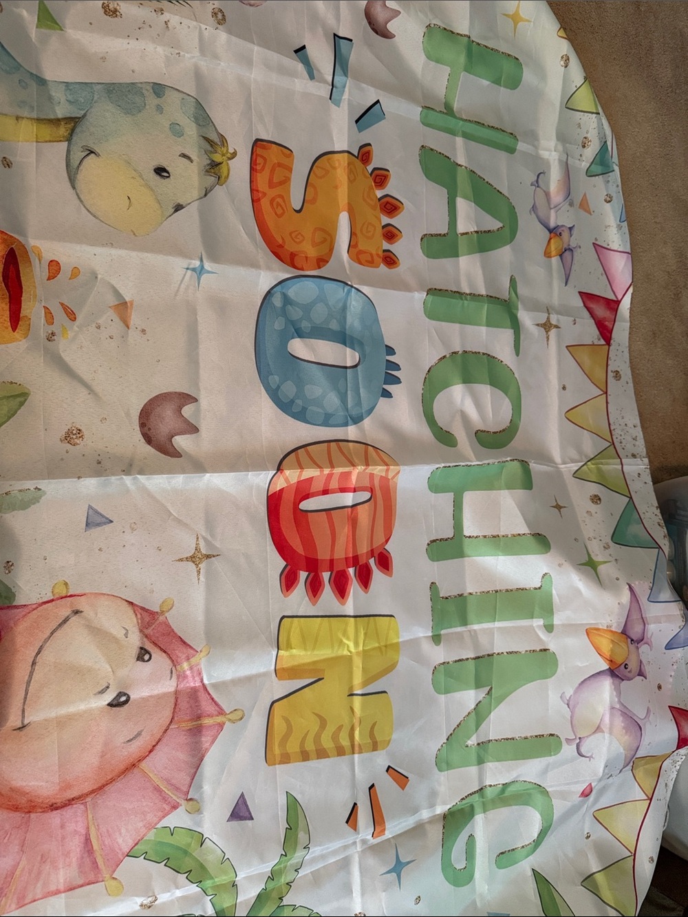 Colorful Dino 'Hatching Soon' Baby Blanket - White with Multicolor Accents